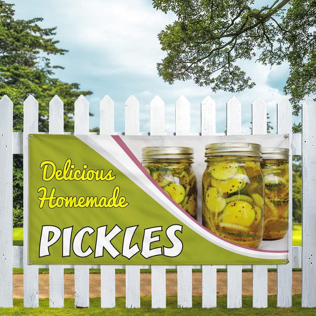 Vinyl Banner Multiple Sizes Delicious Homemade Pickles Business Outdoor Weatherproof Industrial Yard Signs Green 4 Grommets 24x36Inches