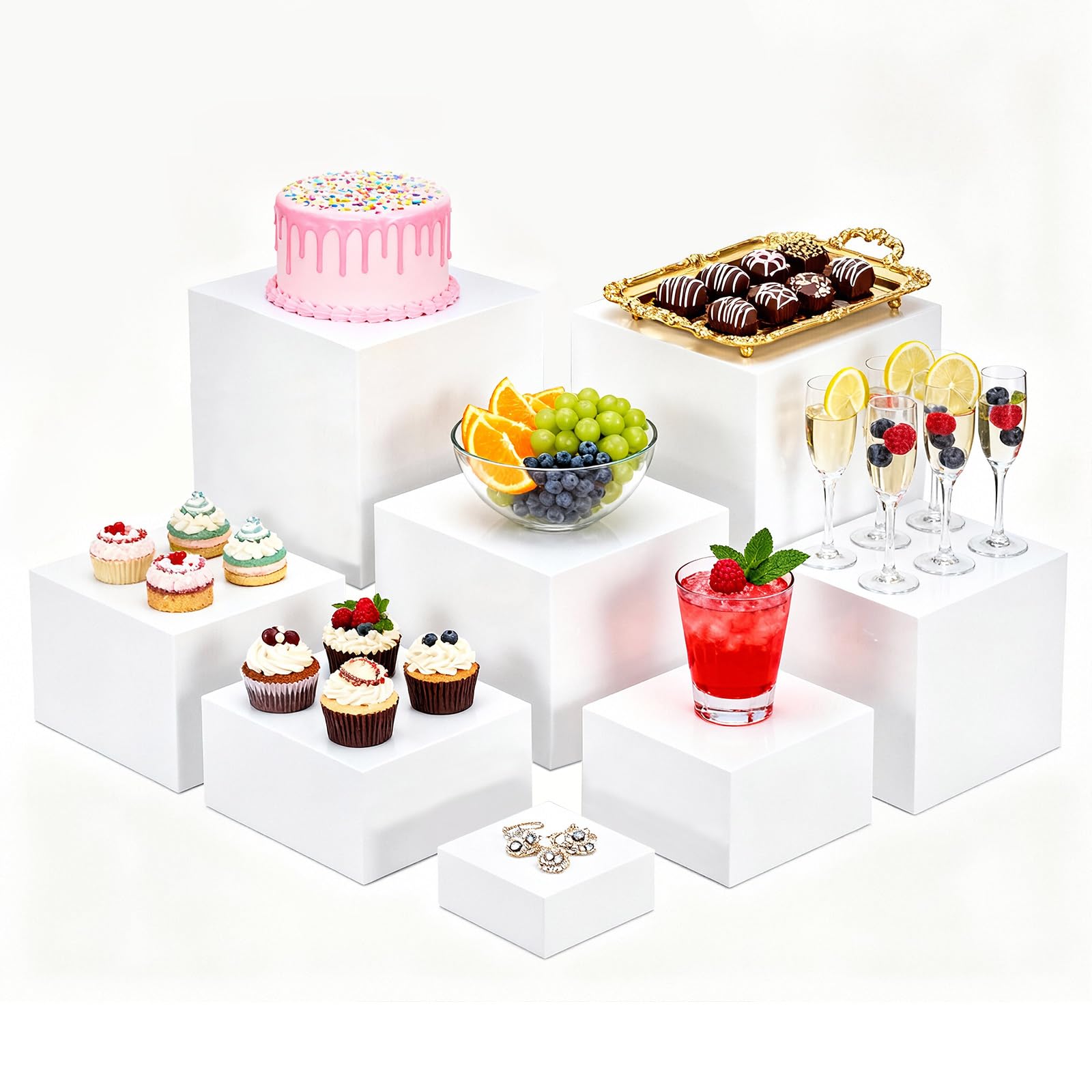 Alzatine per Buffet, XRCHAA Set da 8 Alzatine per Buffet in Acrilico 3"/4"/5"/6"/7"/8"/9"/10" Piattaforme Espositive con Fondo Aperto, Espositori per Dessert, Torte, Gioielli e Matrimoni,Bianco