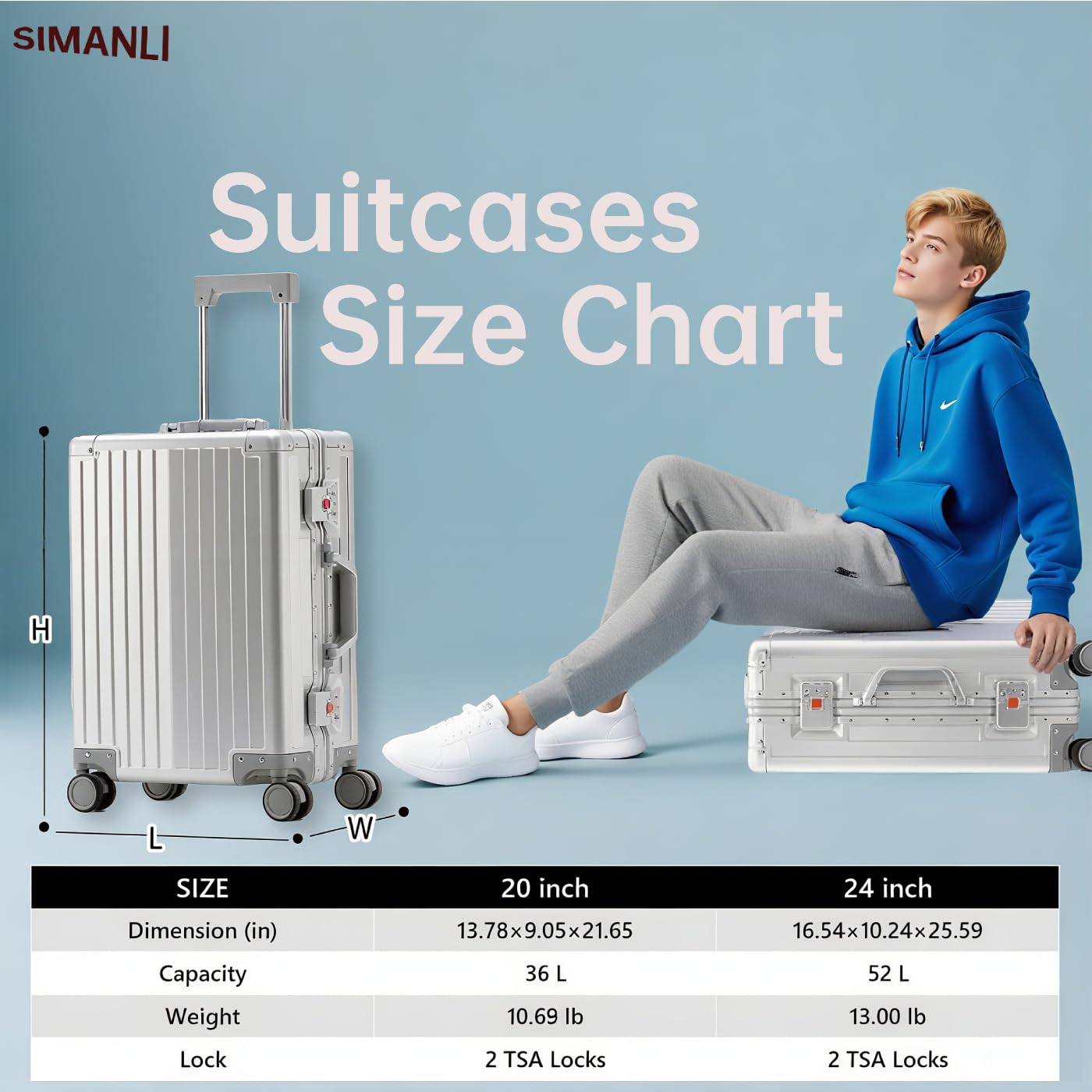 Tutte le valigie in alluminio da 50,8 cm bagaglio a mano valigia rigida valigia trolley da cabina imbarcabile bagagli con serrature TSA Ruote girevoli silenziose, Argento, 51 cm