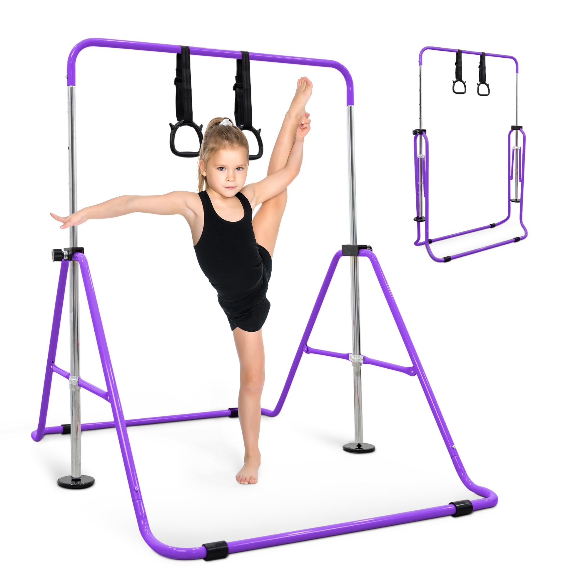 KAYMAN Gymnastics Horizontal Bar for Kids with Rings & Hand Protection Wrap – Adjustable Height 89/99/109/119/129cm, Heavy-Duty Steel Gym Equipment for Home Gymnastics, Strength & Flexibility Training