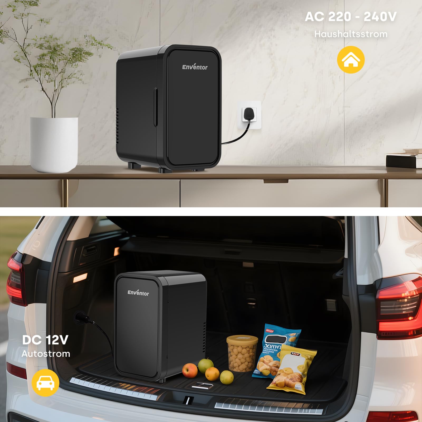 Enventor Mini Kühlschrank, 6 Liter/8 Dosen, AC+12V DC-Stromversorgung, Tragbarer Kühler und Wärmer, Kleiner Kühlschrank für Schlafzimmer, Auto, Hautpflege, Obst und Getränke, Schwarz