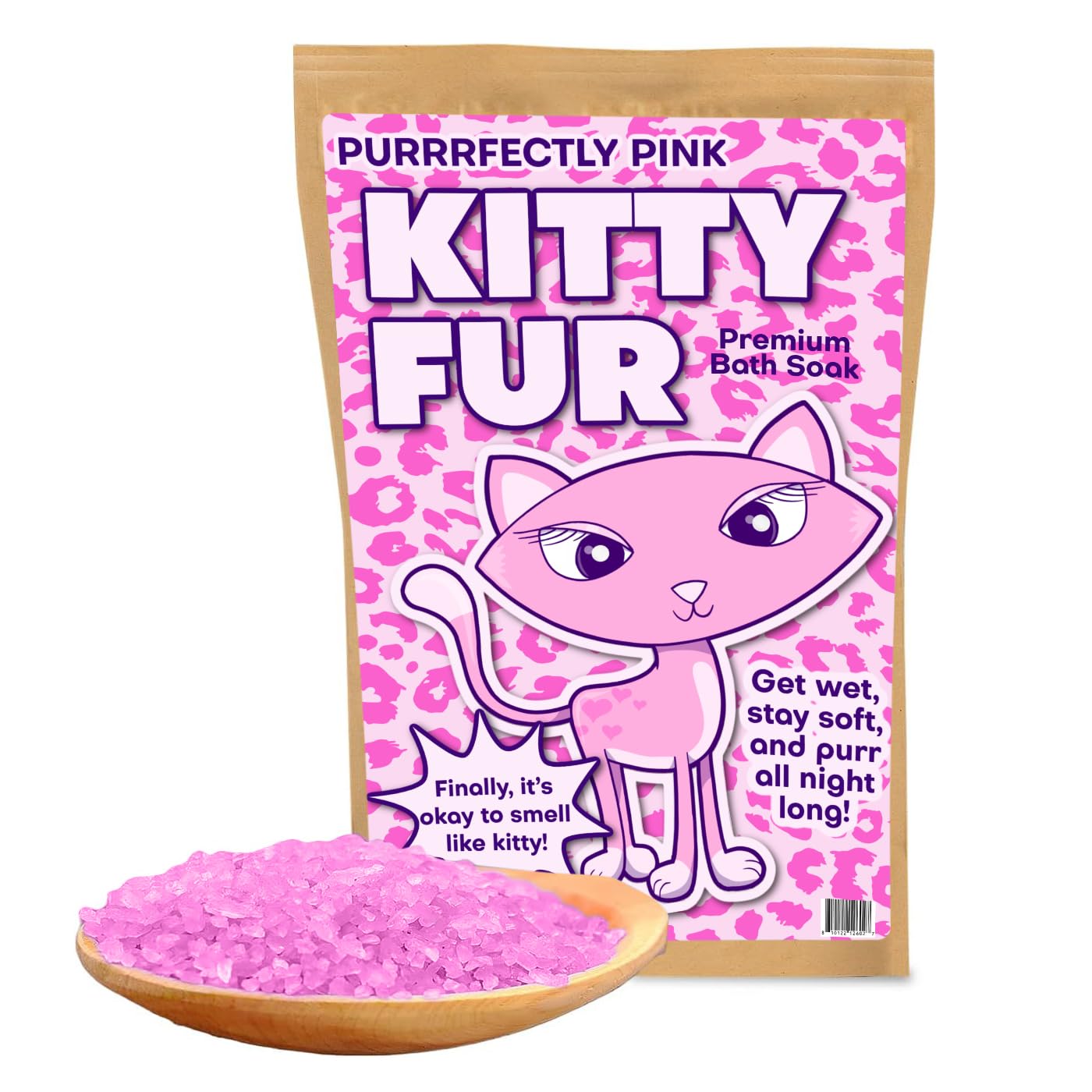 Pink Kitty Fur Bath Soak Weird Gag Gifts for Crazy Cat Ladies Spa Gift Basket Womens Stocking Stuffers White Elephant Ideas, Rose Scent Premium Bath Salts