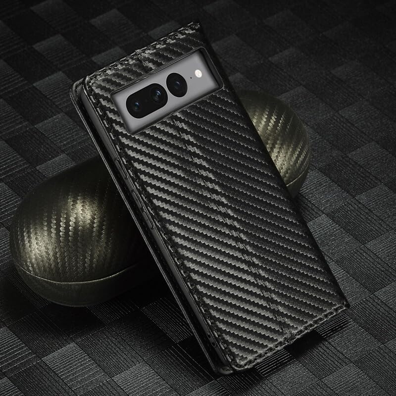 Étui Google Pixel 8 Pro housse à rabat en cuir style carbone noir magnétique