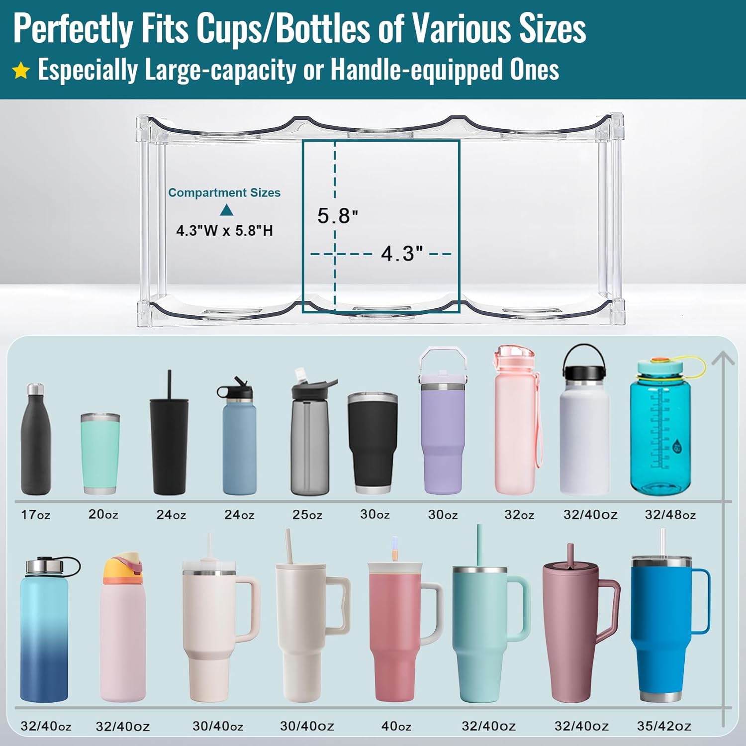 Design for Stanley 40 OZ & Large Bottles & Tumblers with Handle, Acrylic Water Bottle Organizer - Stackable Clear Wine Rack, Cup Holder for Home Kitchen Pantry Shelf Countertop Cabinet, 3 Tier Hold 9 3 Tier for 9