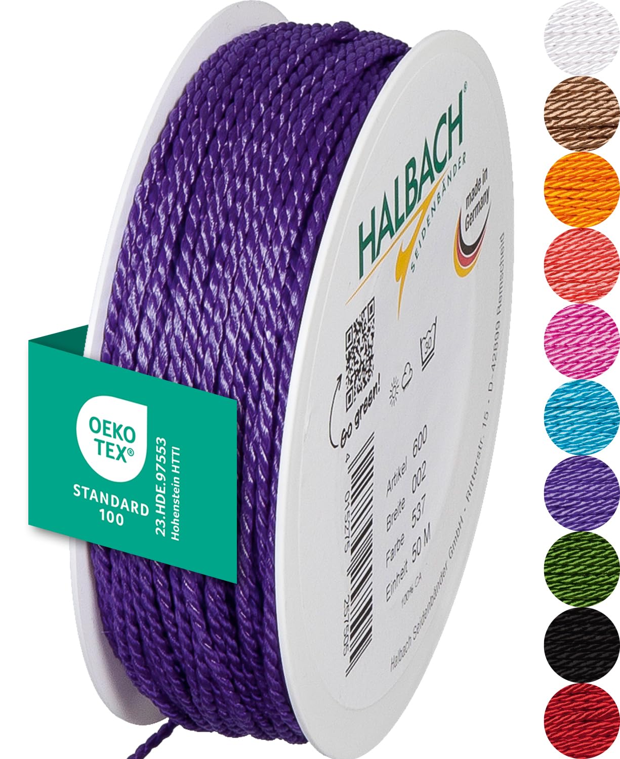 Halbach Seidenbänder Premium Kordel (fliederfarben) | Breite 2mm Länge 50m | Made in Germany & Öko-Tex Zertifiziert | glänzende Satinkordel aus Acetat