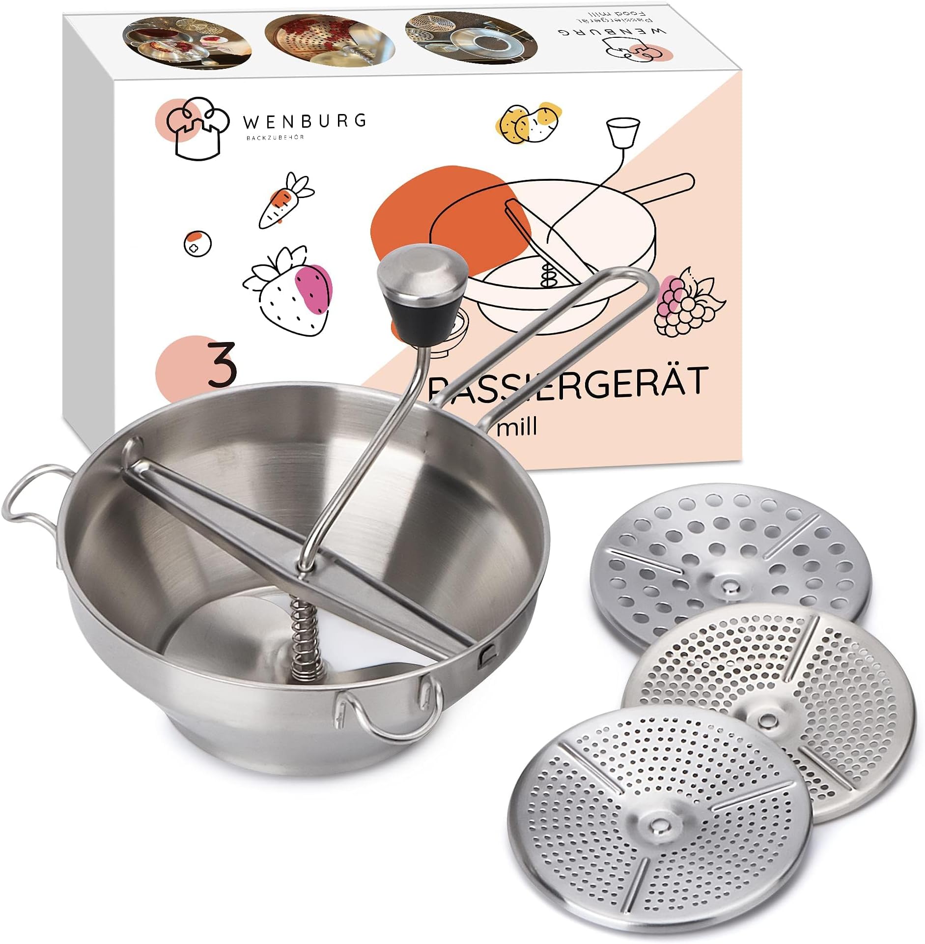 Edelstahl Passiermühle Manuell - Kartoffelpresse Mit 3 Siebscheiben 38cm