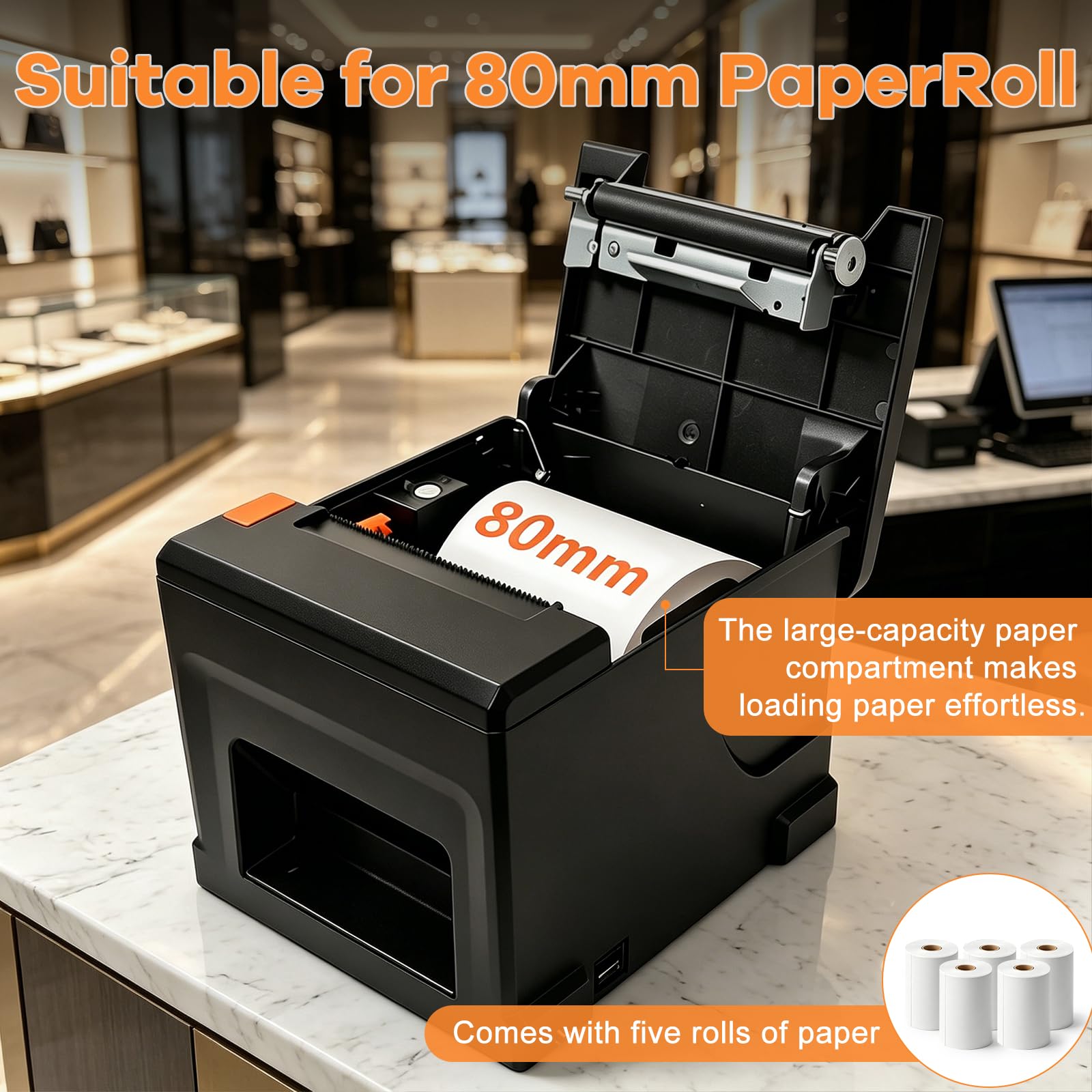 Bondrucker 80mm, Versandetiketten Drucker, USB & Bluetooth& LAN Verbindung | Etikettendrucker, 220mm/s, Inkl 5 Rollen Papier, Für Gastronomie & Einzelhandel, Unterstützung von ESC/POS