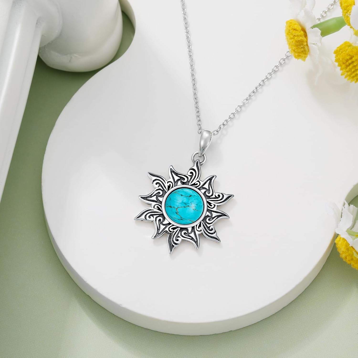 Sun Necklace Natural Turquoise 925 Sterling Silver Genuine Gemstones Sun Pendant Western Turquoise Jewelry Gift for Women - Image 3