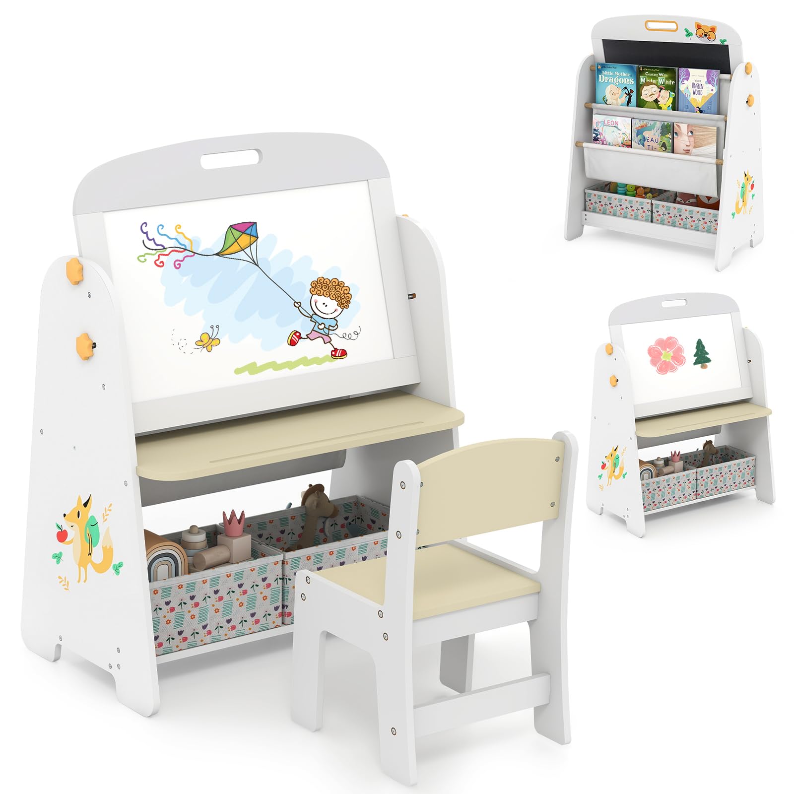 HOMASIS 4 in 1 Set di Tavolo Artistico per Bambini con Sedia, Scrivania, Lavagna Magnetica, Lavagna Nera e Scaffale, Cavalletto Regolabile in Angolo con Gomma e 5 Gessetti (Naturale)