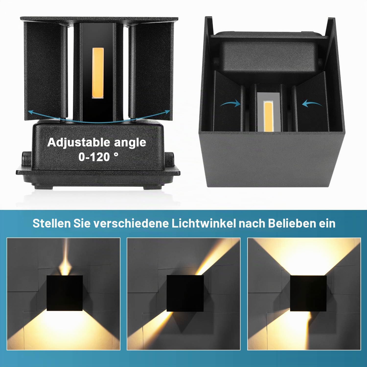 ledmo 4 Stücke LED Wandleuchte Innen/Aussen Wasserdichte IP65 LED Aussenlampe Schwarz Mit Up Down Einstellbar Abstrahlwinkel 12W Wandlampe Aussen Warmweiß 3000K