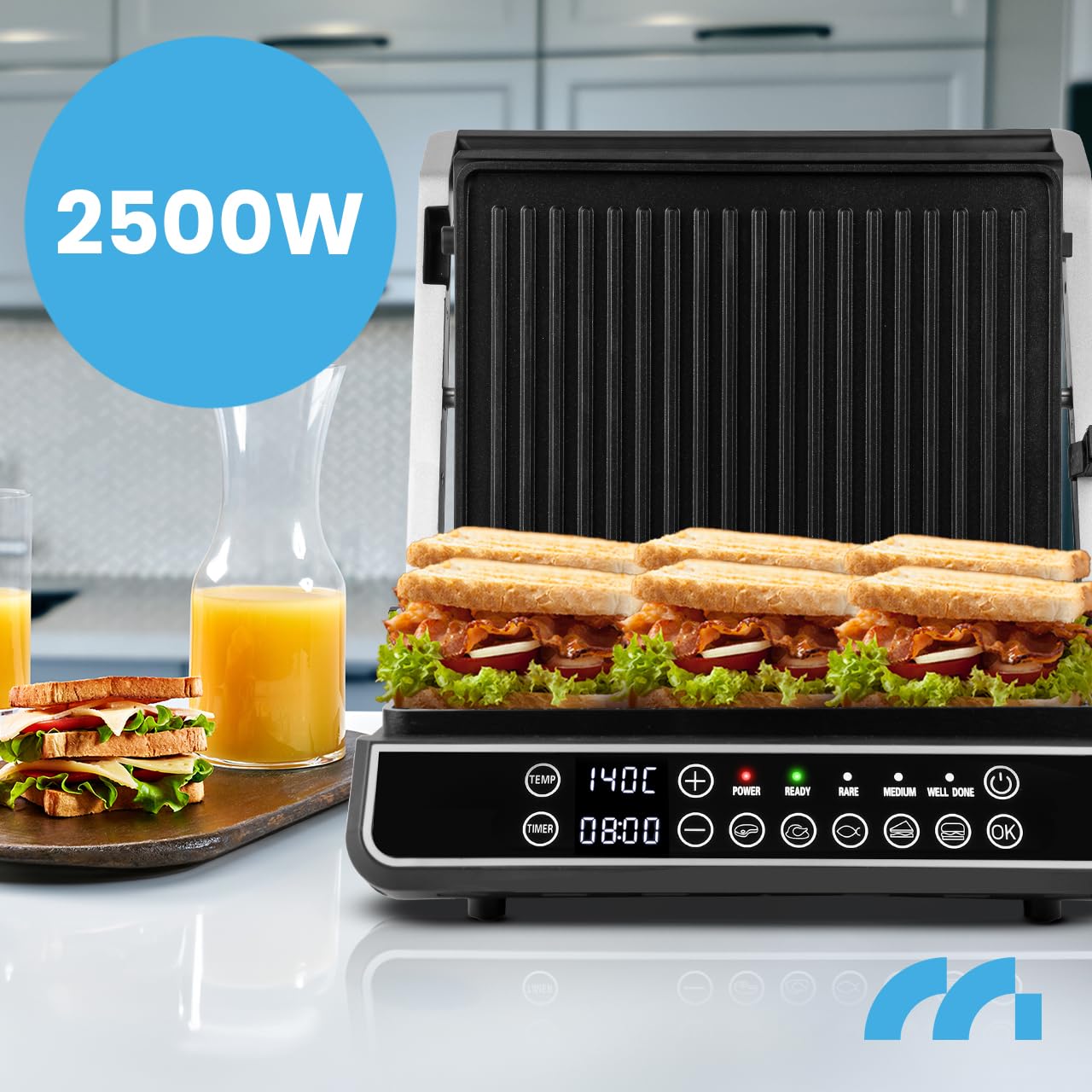 MalTec Grill kontaktowy z tacką na ścinki, SM5000W-PRO grill elektryczny 2500 W, opiekacz do kanapek Panini, 3 stopnie smażenia, 5 programów, zdejmowane płyty