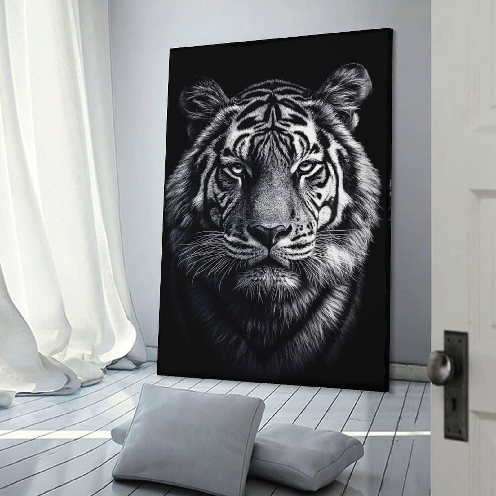 Junmoney Frame-Style Monochrome Tiger Portrait Poster, Picture, Metal Print, Paint By Creed Canvas Wall Decor, 16X24inch(40X60cm), For Wall Displays, Bedrooms Or Room Updates, Wall Decor Suited To Curated Displays