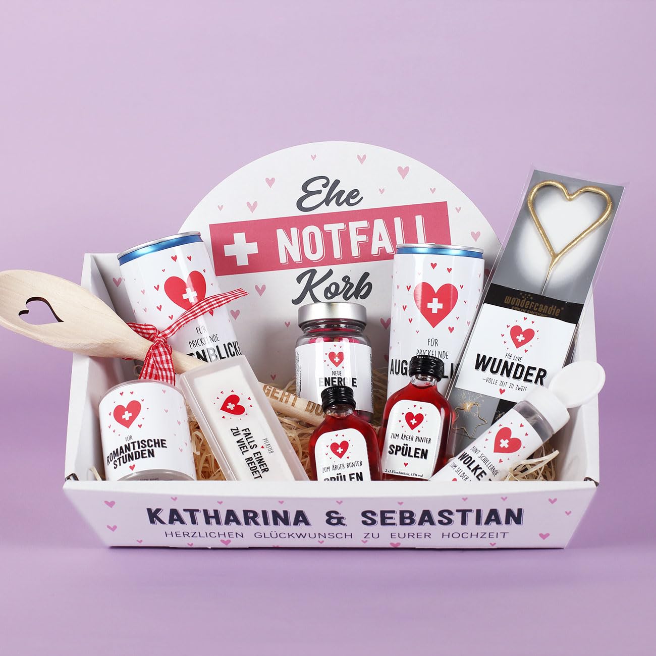 Lustiges Hochzeitsgeschenk personalisiert Ehe Notfall Korb mit 2 Zeilen Wunschtext bedruckt Hochzeitsgeschenke für Brautpaar witziges Geschenk Hochzeit
