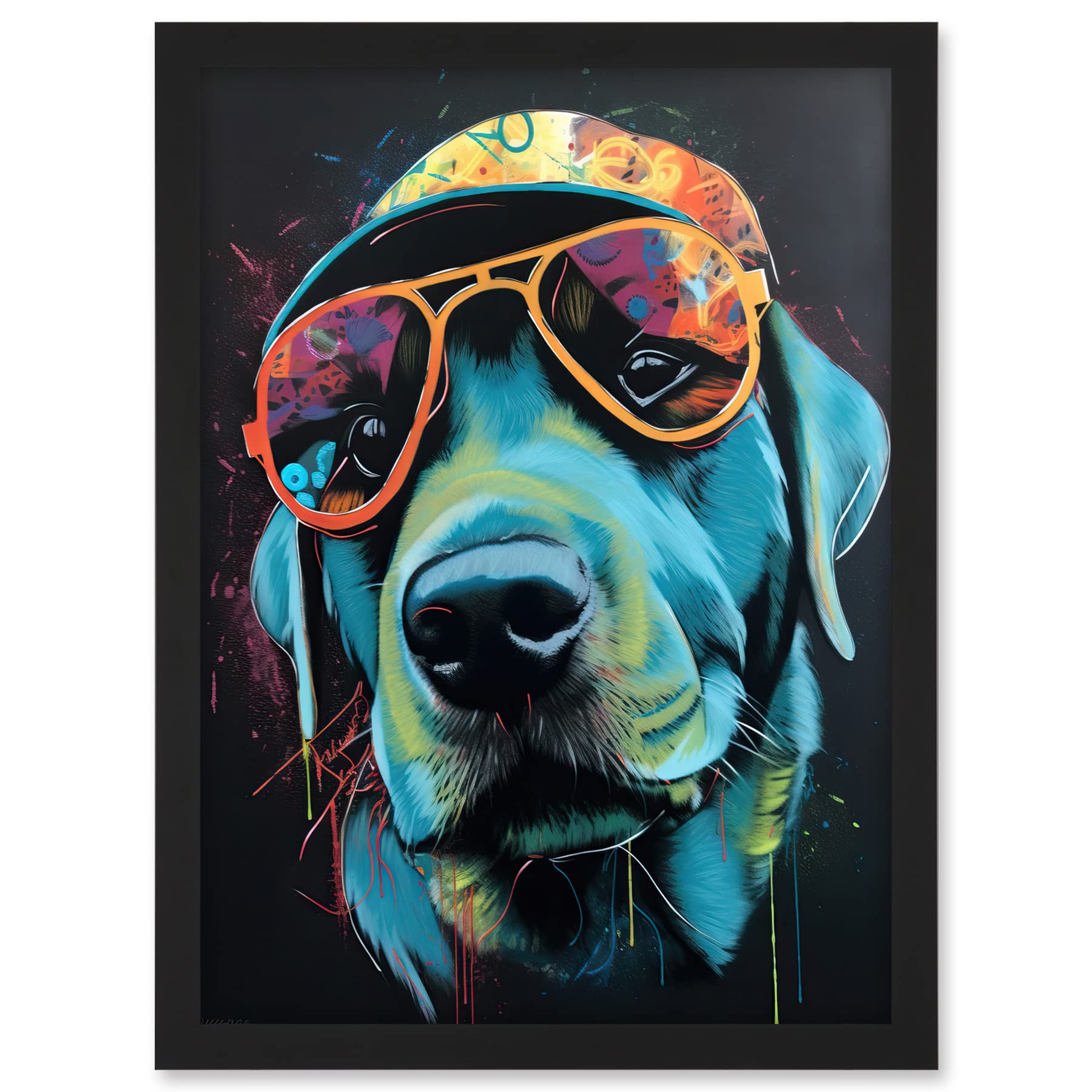 Artery8 Labrador Retriever with Sunglasses and Hat Artwork Framed A3 Wall Art Print