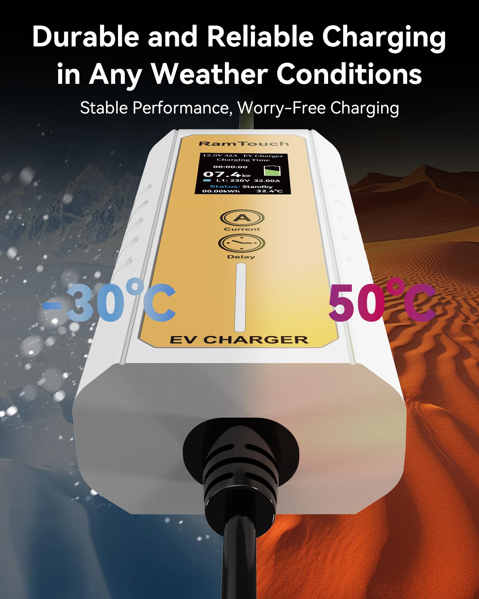 RamTouch Electric Vehicle Charger (7.4 kW, Type 2, 32A Commando Plug, 8.5 m), IP65 Portable Car Charger with Adjustable Current (6A–32A) and Delayed & Timed Charging, Compatible with EVs and Hybrids — view 7