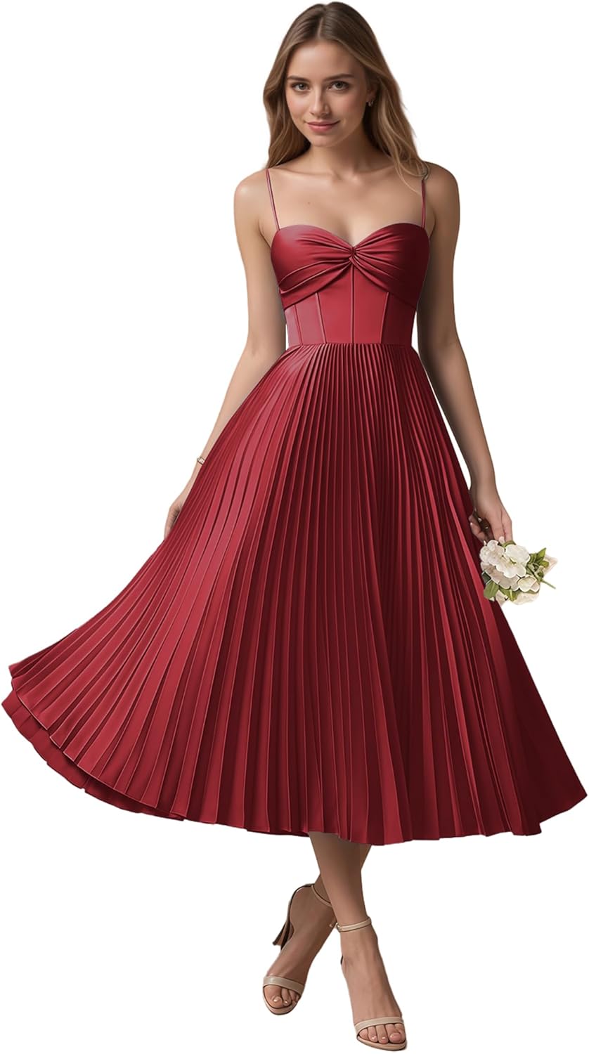 Spaghetti Straps Satin Bridesmaid Dresses for Women A Line Pleated Tea Length Forma...