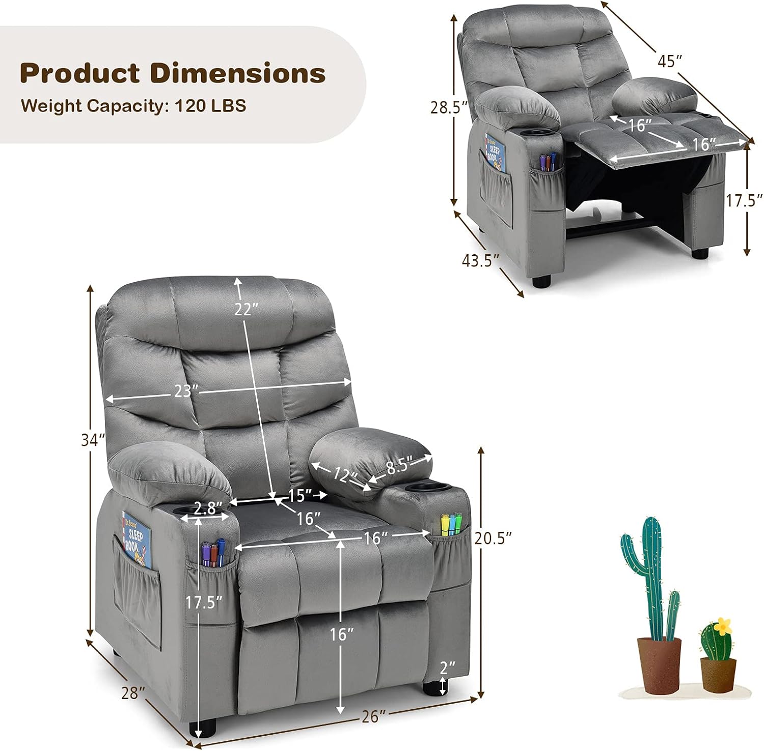 Kids Recliner, Multi-Position Recliner with 2 Cup Holders & Storage Pockets, 125° Reclining Soft Foam Sofa, Kids Couch for Bedroom Playroom Boys and Girls Ages 3+ (Grey)