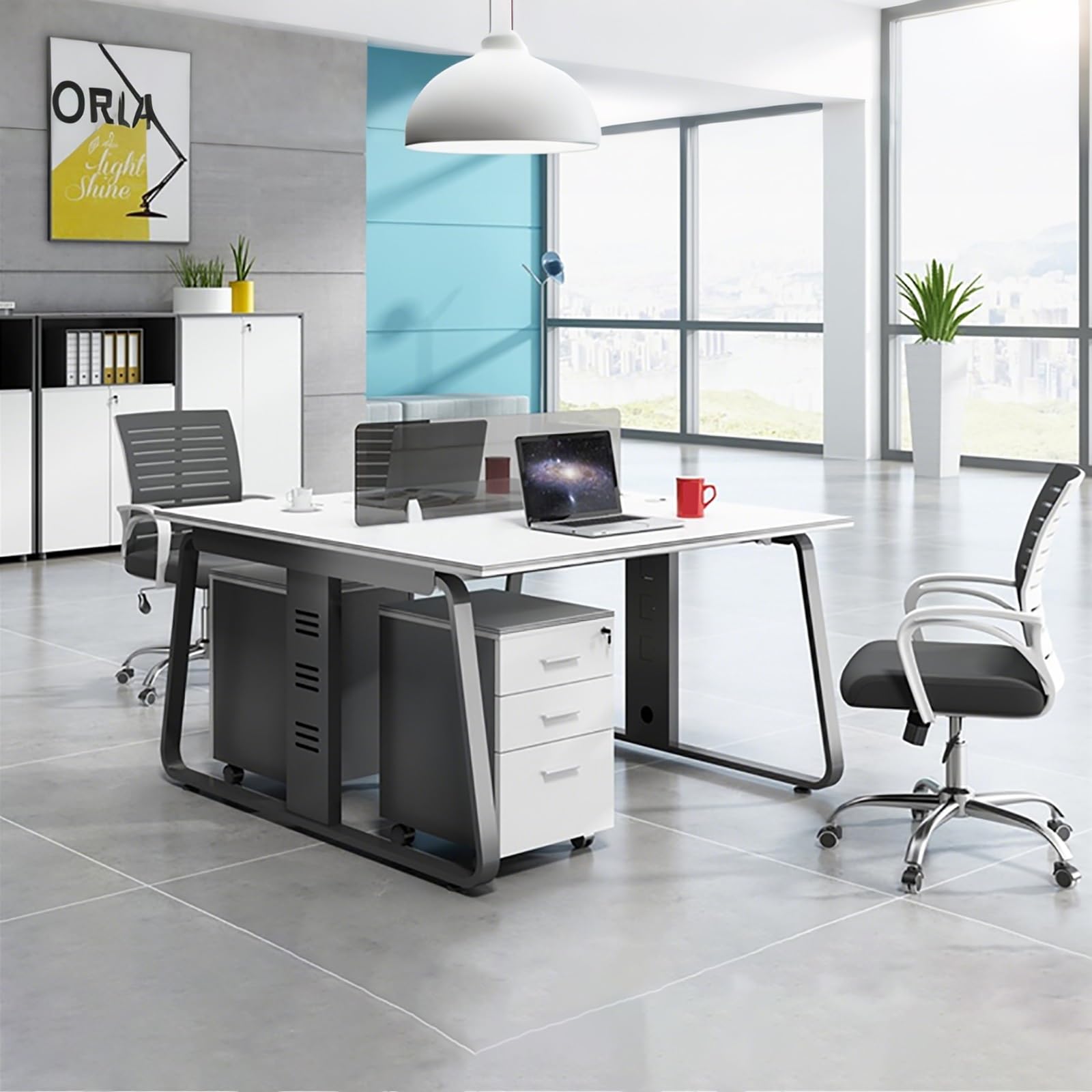 Escritorio de Oficina Moderno y Sencillo para Dos Personas, Mesa de Computadora y EstacióN de Trabajo para Personal de Oficina con Gabinete de Almacenamiento de 3 Cajones con Cerradura(White)