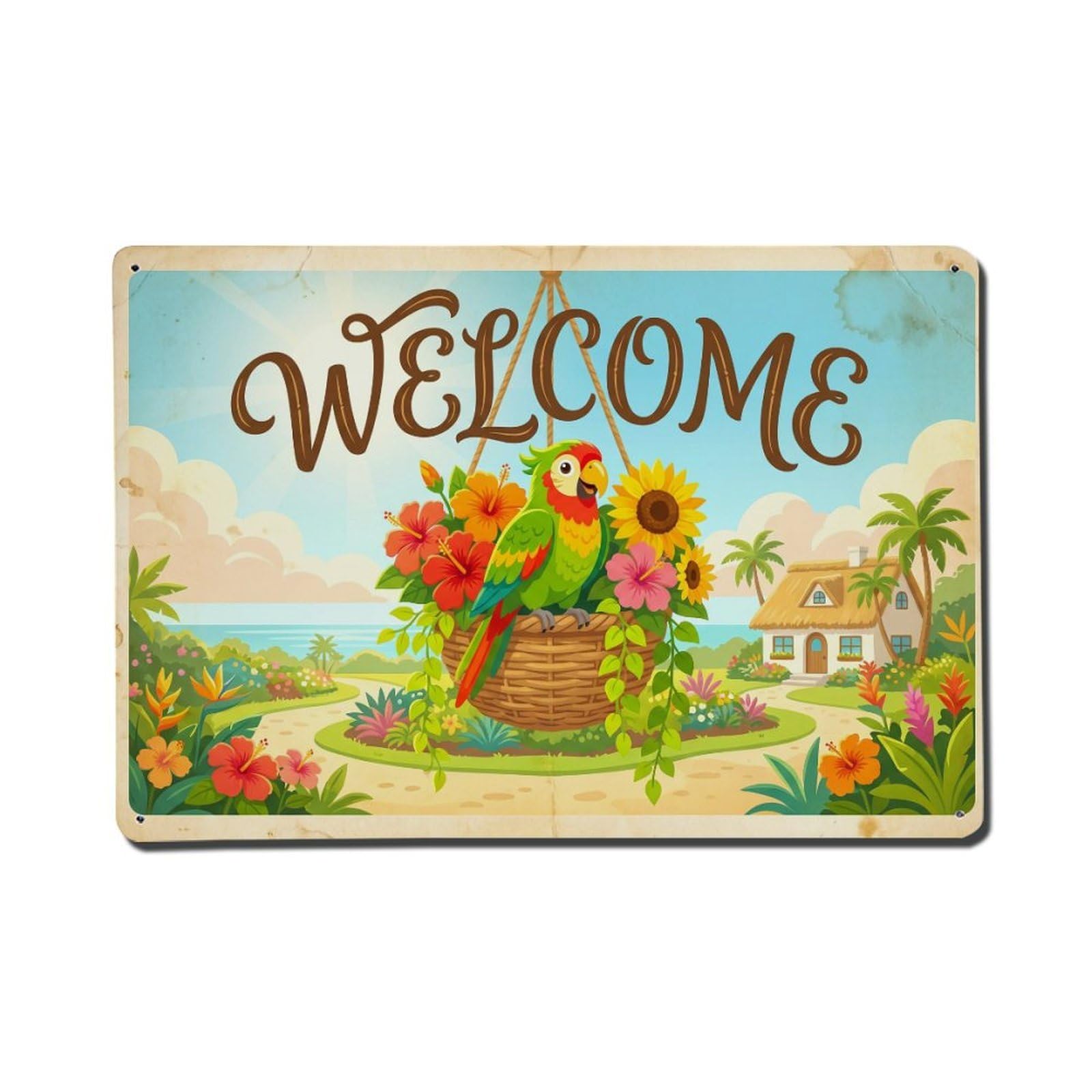 Vintage Welcome Parrot Joyful Vibes Metal Tin Sign