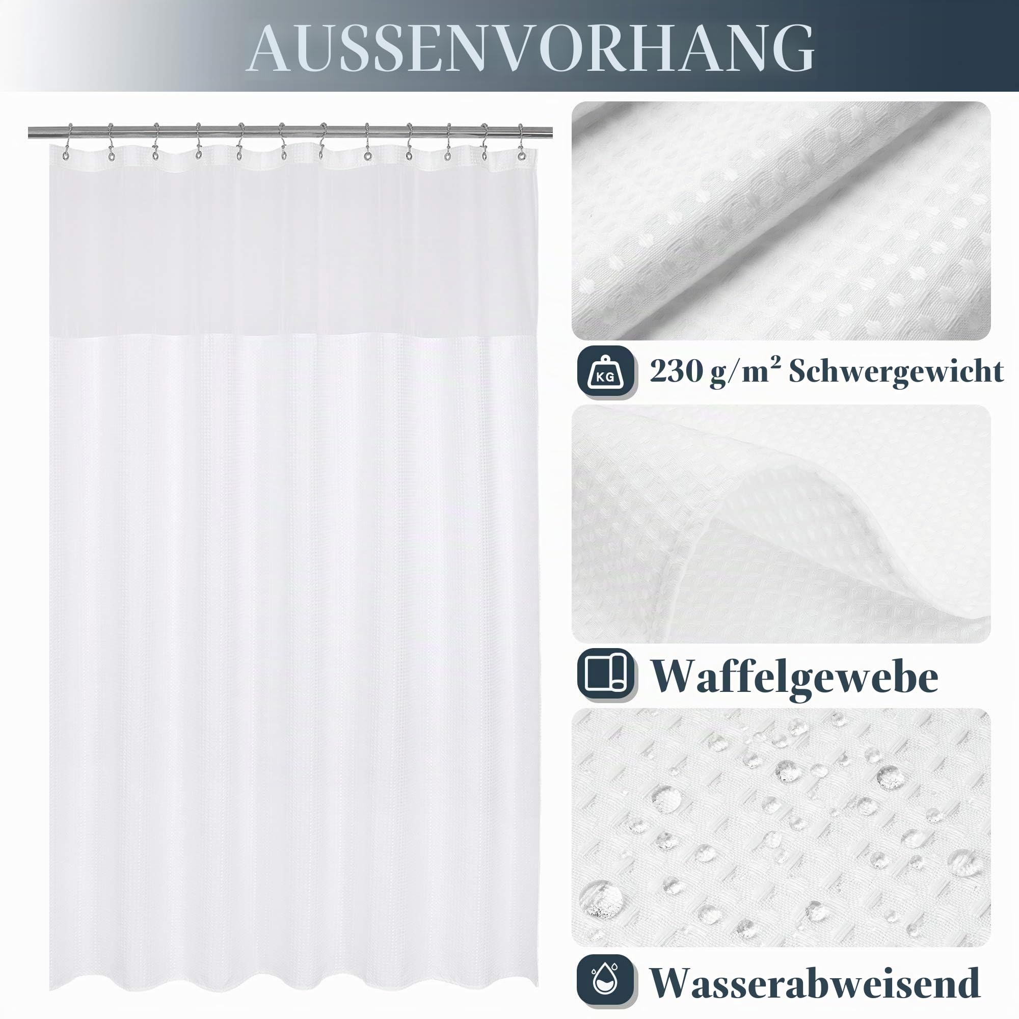 N&Y HOME Set aus Waffelgewebe-Duschvorhang mit einknöpfbarem Innenfutter und 12 weißen Haken, Hotel-Stil, wasserfest, waschbar, Schwerer Stoff, Netzfenster Oben, 180,3 x 182,8 cm, Weiß