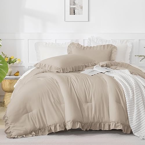 Miniatura 178 de Andency Juego de edredón beige tamaño King, 3 piezas estilo farmhouse shabby chic con volantes, ligero esponjoso suave de microfibra para todas