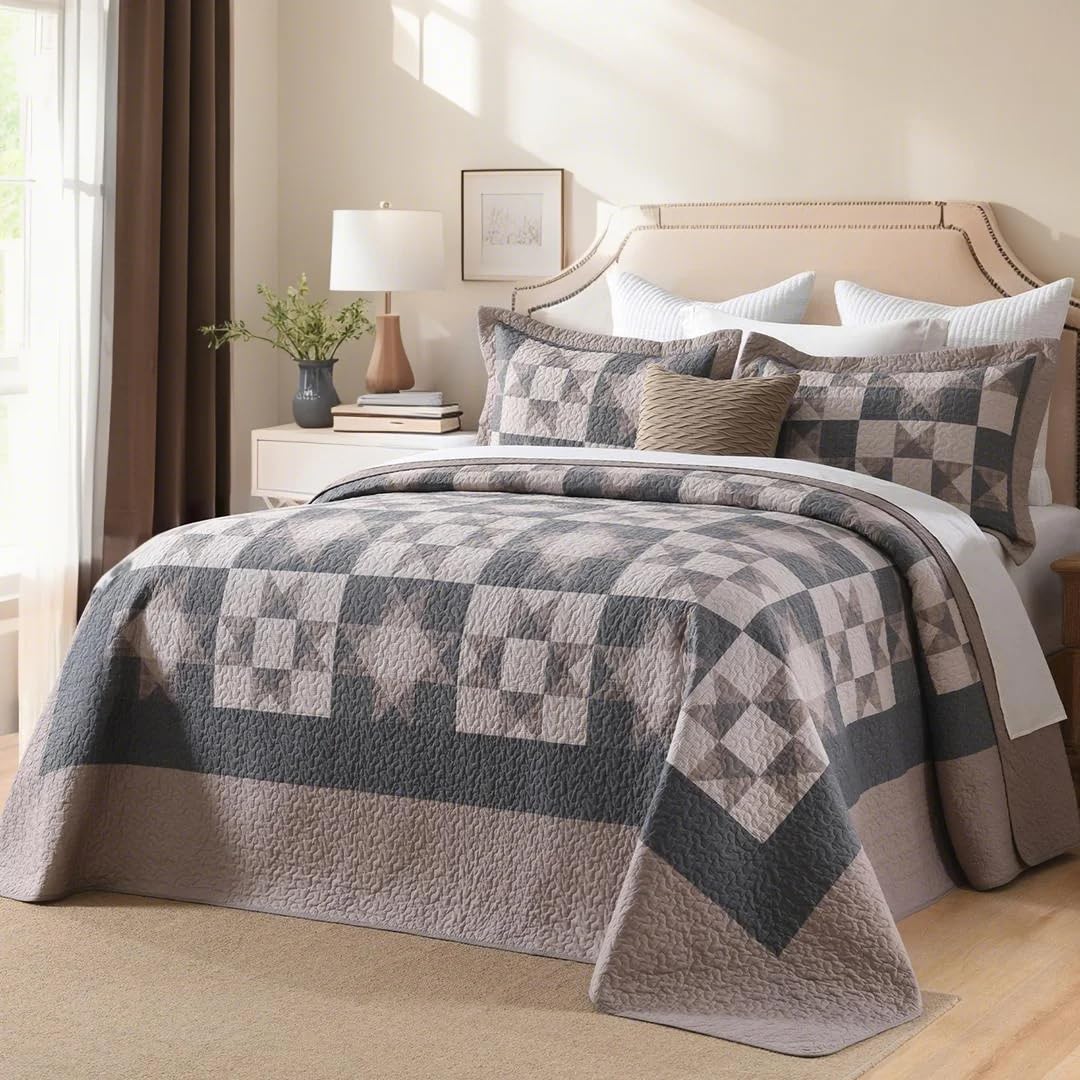 EWlinens 100% Cotton 120"x128" Oversized California King Bedspread - Rustic Cabin Star Patchwork Plaid Extra Large King Size Quilt, Reversible Oversized Cal King Quilt Set, 3pcs, Brown/Charcoal Gray