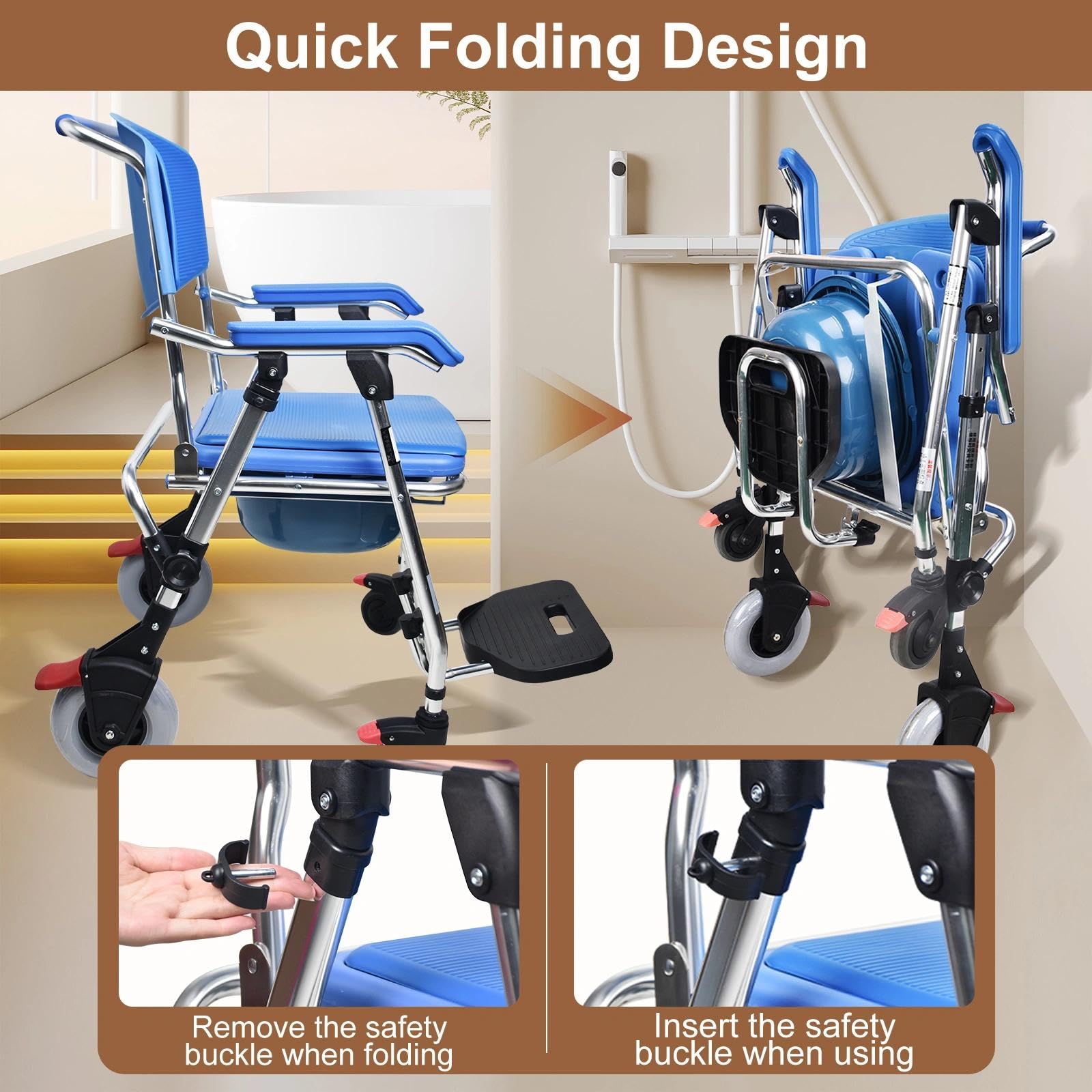 Sedia Comoda WC per Anziani con Rotelle, 3-in-1 Sedia a Rotelle Pieghevole per Anziani con WC, 150kg Blu Sedia Doccia Disabili con Ruote e Morbido Cuscino