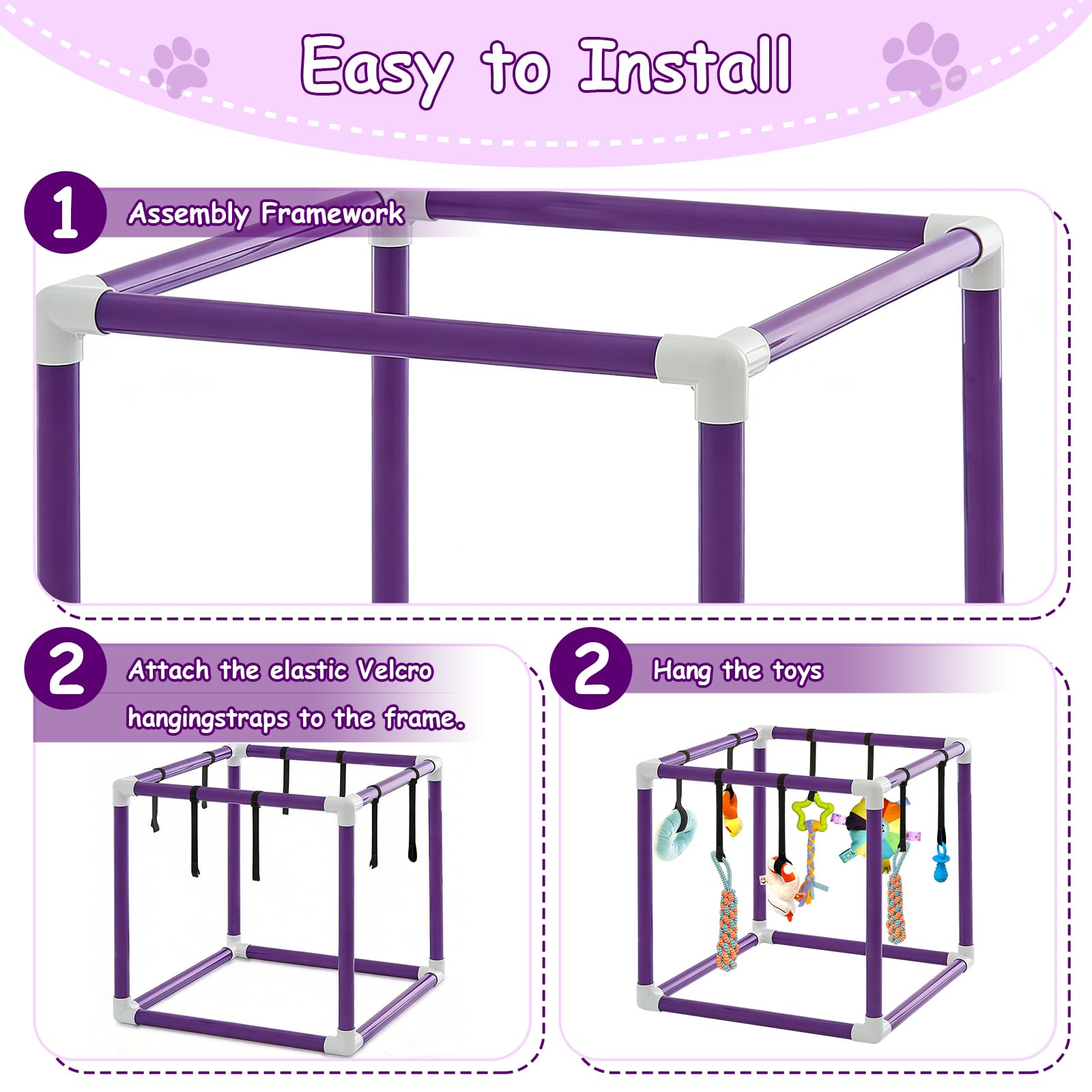 Estudio de juegos para cachorros con 8 juguetes colgantes, marco de PVC morado, centro de actividades para perros pequeños, estudio de juegos para cachorros para perros pequeños, paraíso con