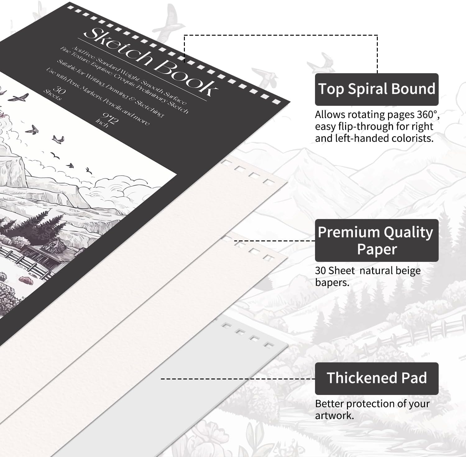 OSIMIG 10 Pack Sketch Books 9" x 12", Top Spiral Bound Sketch Pad Bulk, 300 Sheet Total (68lb/100gsm), Drawing Paper Pad, Sketchbook for Drawing, Art Supplies for Kids & Adults