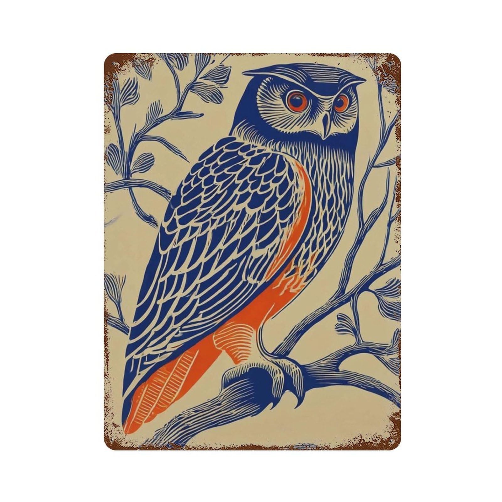 xiaoxiaoshen Bold Owl Navy And Orange Graphic Modern Bird Striking Wildlife Woodland Animal Wall Decor Art Metal Tin Poster Modern Home Decor Art Home Bar Shop Decorations Vintage Sign 40x30cm