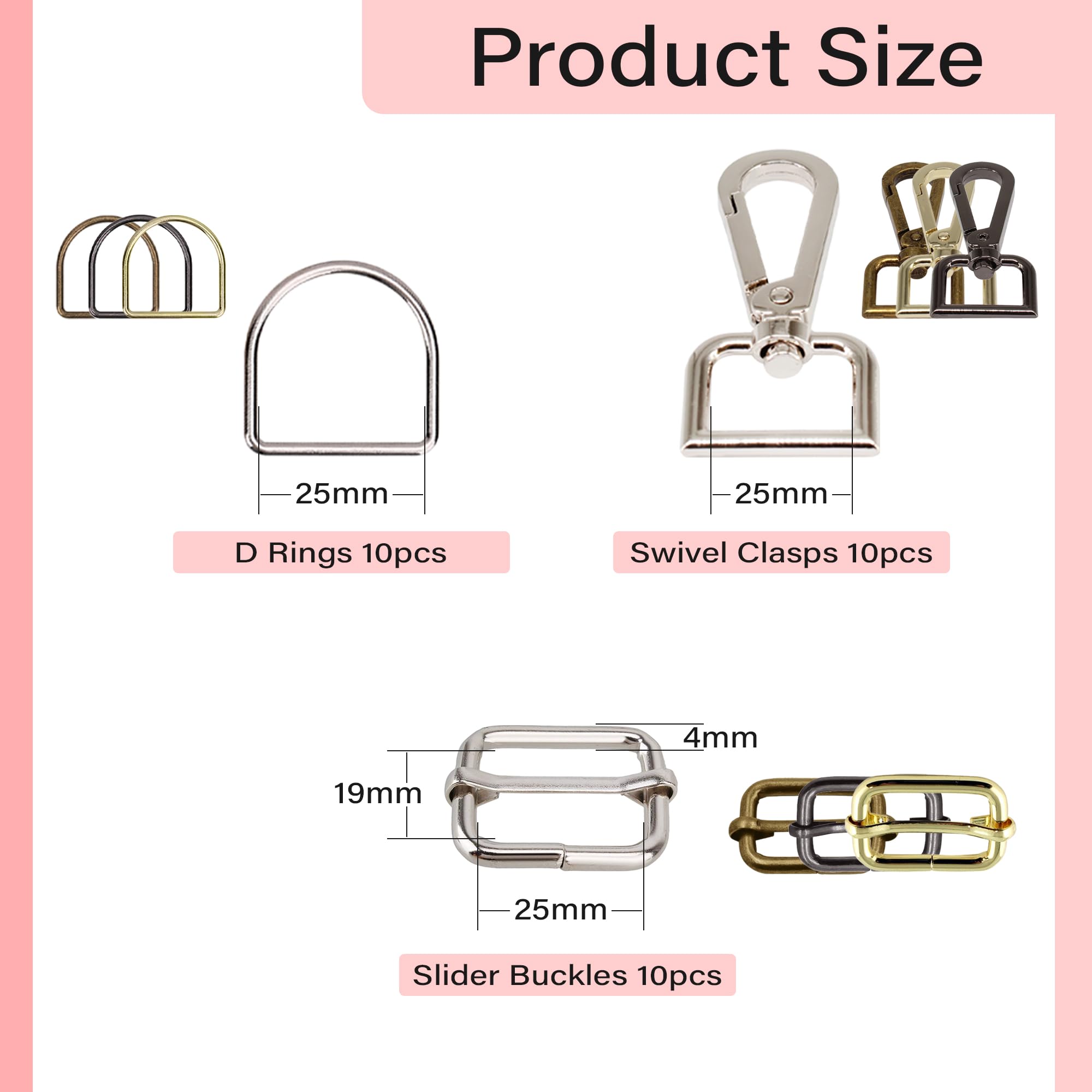 Kit de 120 piezas de accesorios para llavero: ganchos giratorios de 25 mm, anillos en D y hebillas deslizantes de triple deslizamiento para reparación de bolsos, manualidades de cordón, costura de