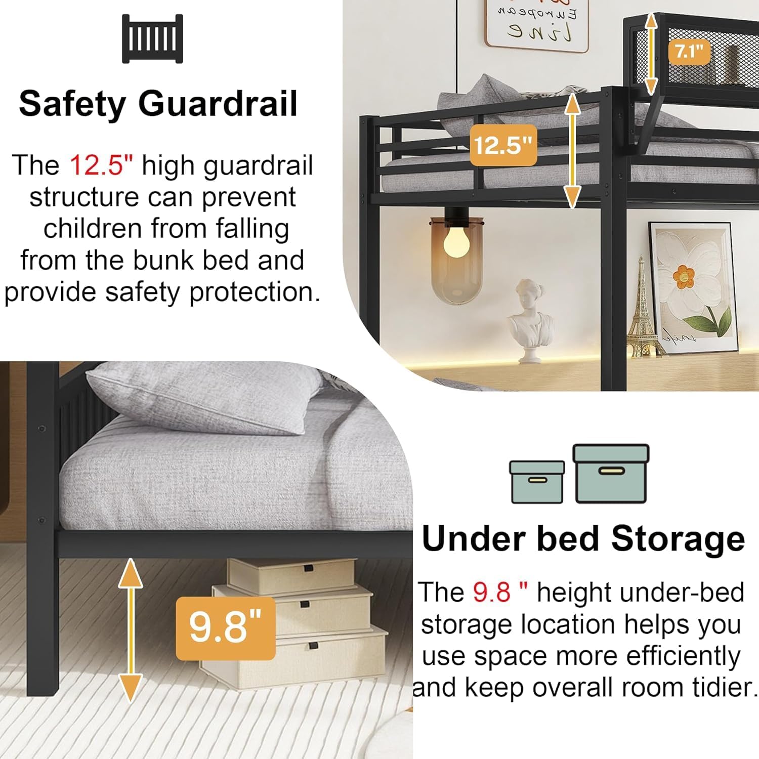 Queen Over Queen Bunk Bed with Storage Shelf, Heavy-Duty Metal Bunk Beds with Ladder and Slats Support, Bunk Bed Frame for Adults and Teens, No Box Spring Needed (Black)