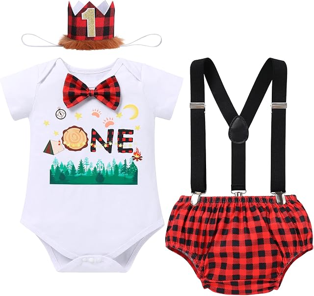 FYMNSI Baby Boy Camping Theme First Birthday Cake Smash Outfit Photo Shooting Props Short Sleeve Romper + Diaper Cover Shrots + Suspenders + Headband Set