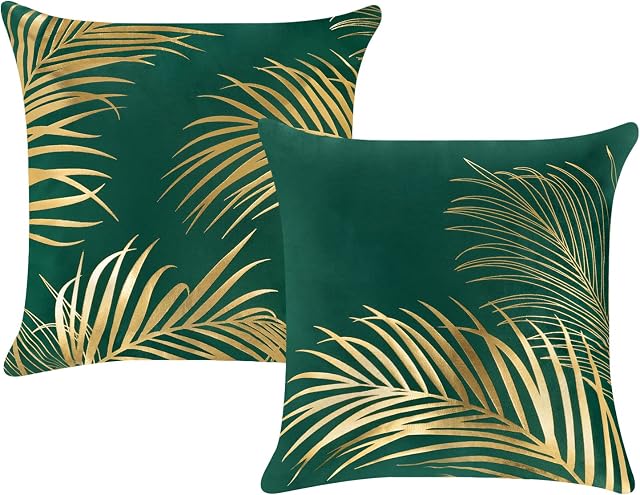 Bonhause Gold Leaves Cushion Covers 18 x 18 Inch Set of 2 Gold Foil Printing Decorative Green Throw Pillow Covers Soft Velvet Pillowcases for Sofa Couch Bed Garden Outdoor Home Decor, 45 x 45 cm
