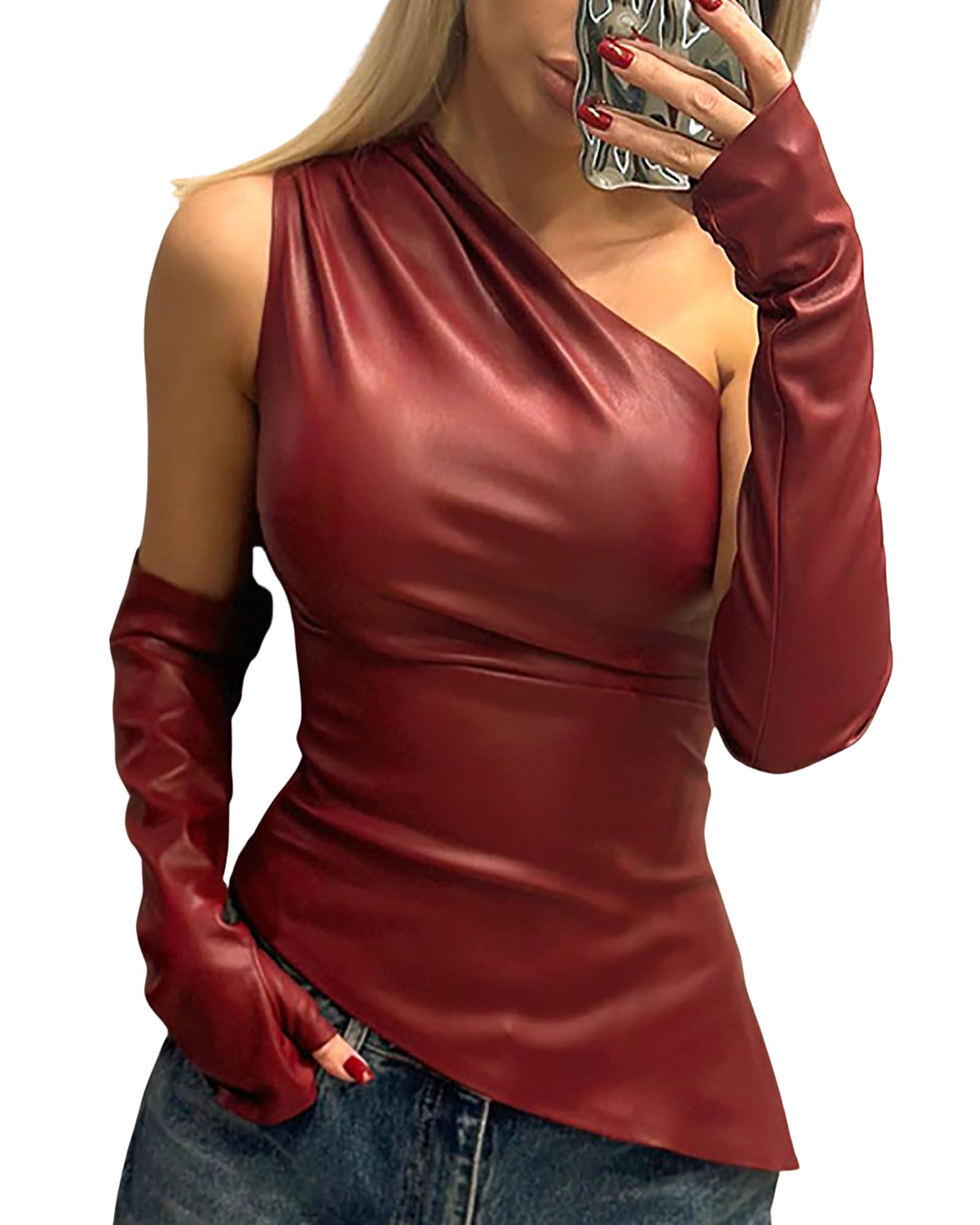 CORIRESHA Womens Faux Leather Pleated Sleeveless Asymmetrical Mock Neck Slim Tank Top