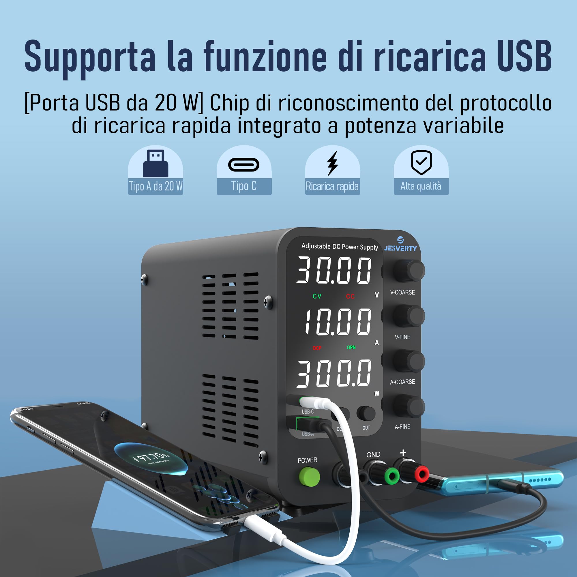 Alimentatore da Banco Variabile 32V 10A SPS-3010V con Ricarica Rapida USB Type-C 20W