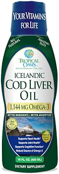 Tropical Oasis - Icelandic Cod Liver Oil | Maximum Strength 1144mg of Liquid Wild-Caught Natural Omega-3 Fish Oil Lemon Flavor, 90 Servings