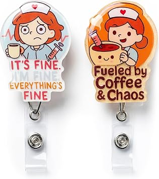 Funny Nurse Badge Reel Retractable 2 Pack - Glitter Its Fine Coffee & Chaos ID Badge Holder for RN BSN CNA Nursing Student - Cute Medical Assistant Accessories - Appreciation Gifts for Women
