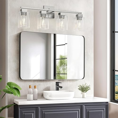 Miniatura 7 de Espird Lámpara de tocador de baño de 4 luces, níquel mate, diseño cuadrado, certificación UL, luces cuadradas de baño de 26 pulgadas plateadas sobre