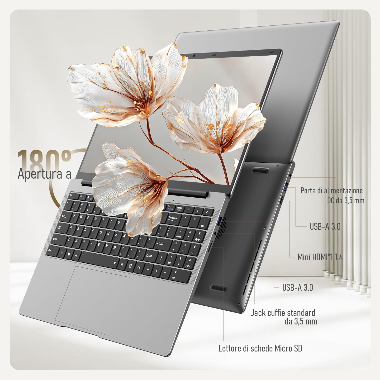 Laptop 15,6" 8 GB 128 GB,PC Portatile schermo, processore N4000fino a 2.6GHz, Wi-Fi 5 dual-band, Bluetooth 4.2, USB-A, HDMI, schermo FHD 1920 x 1080 5000mAh