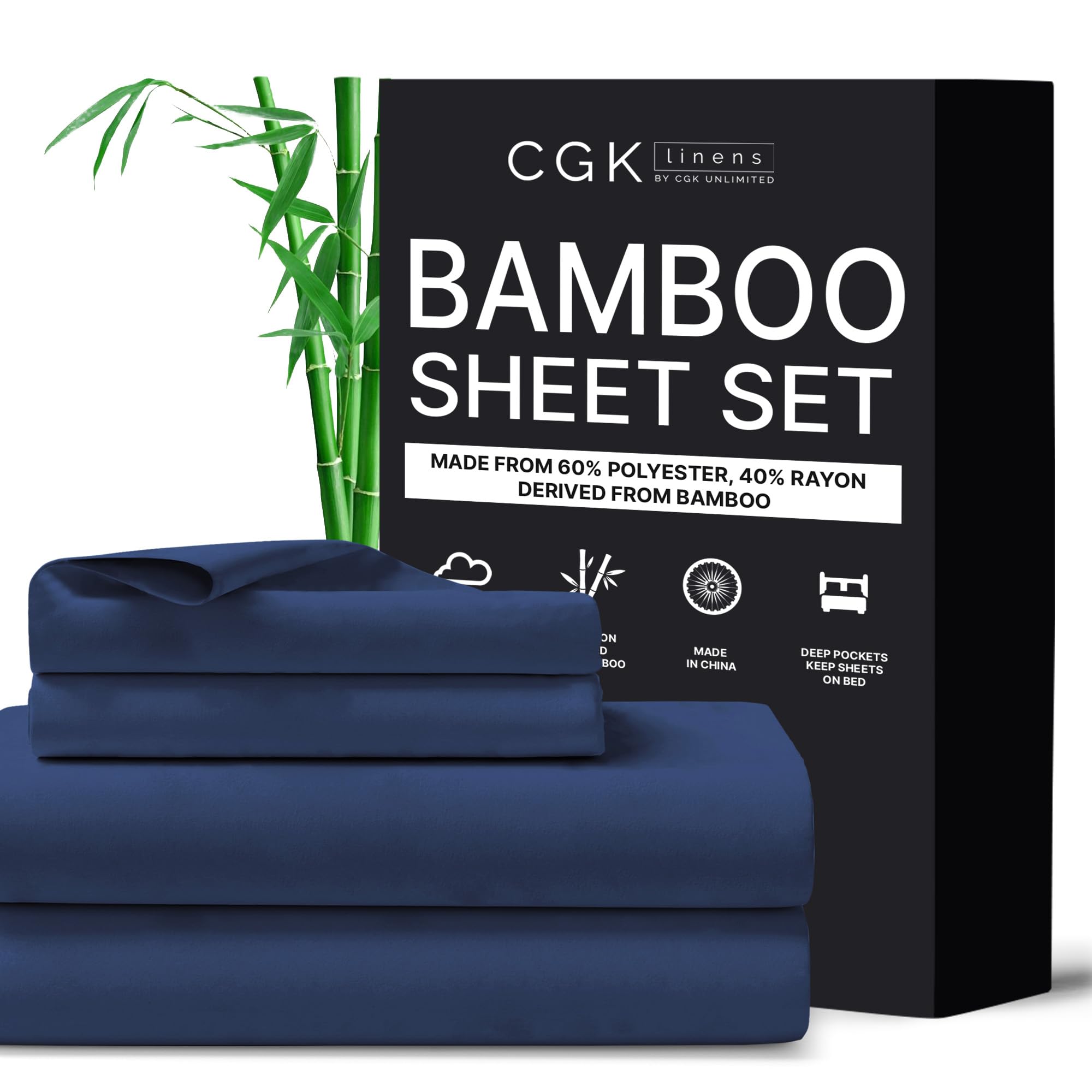 CGK Unlimited Queen Size Bed Sheets- Cooling & Breathable, 60% Polyester, 40% Rayon Derived from Bamboo Super Soft & Comfy for Hot Sleepers to Stay Cool (Queen, Navy Blue)