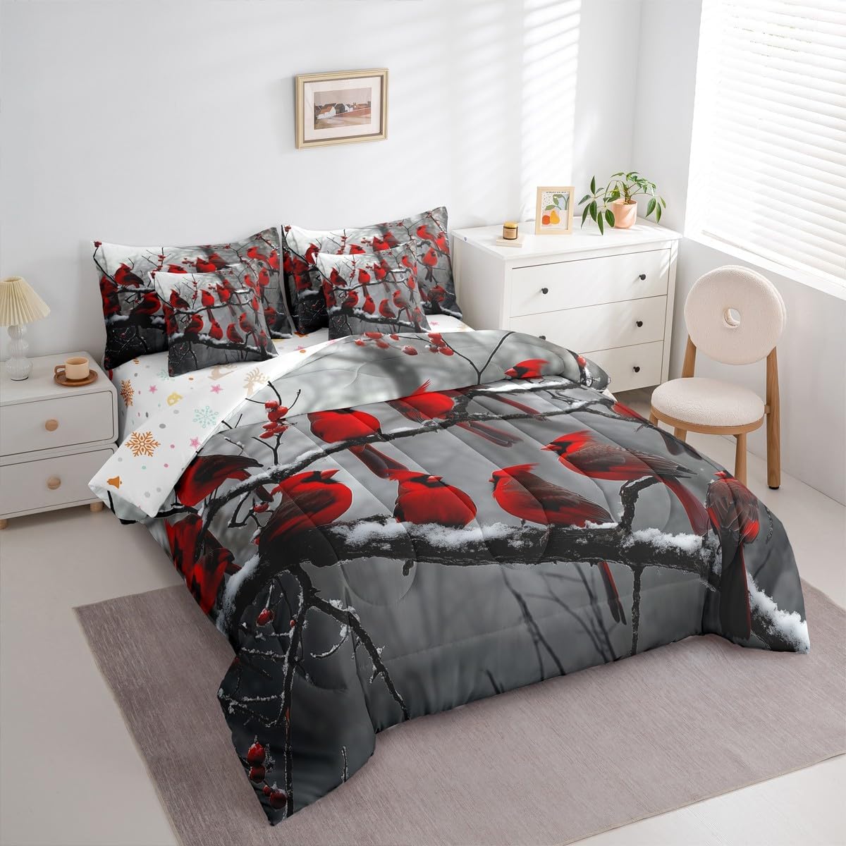 Cardinal King 7-Piece Bedding Set Winter Branches Christmas Comforter Set with Sheets Christmas Bird Bed in a Bag with Flat and Fitted Sheet Xmas Flying Safari Animal Bedding Sets & Collections