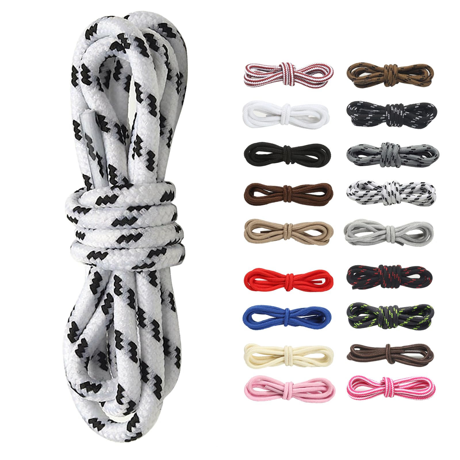 [Amerlery] 靴ひも 丸紐 シューレース 100cm 120cm 140cm 160cm 4mm幅 ブーツ用 靴紐 Shoelaces 2足分(4本) 適合登山靴、ブーツ、作業靴、カジュアルシューズ (ホワイト+ブラック, 160cm)