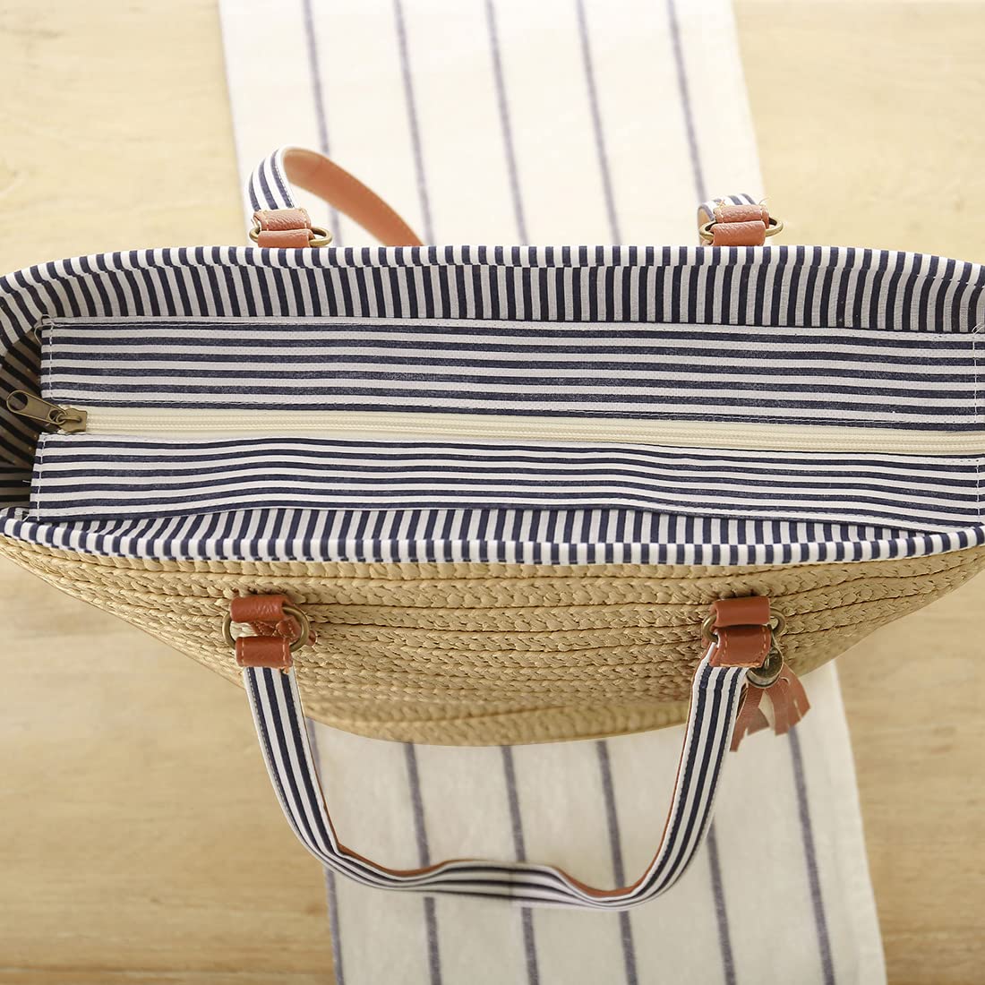 Bolso de paja Bolso de playa de verano Bolso de hombro para mujer con asas de cuero Bolso de borla Bolso cruzado Bolsa de compras Bolsa de manualidades para viajes (Marrón)