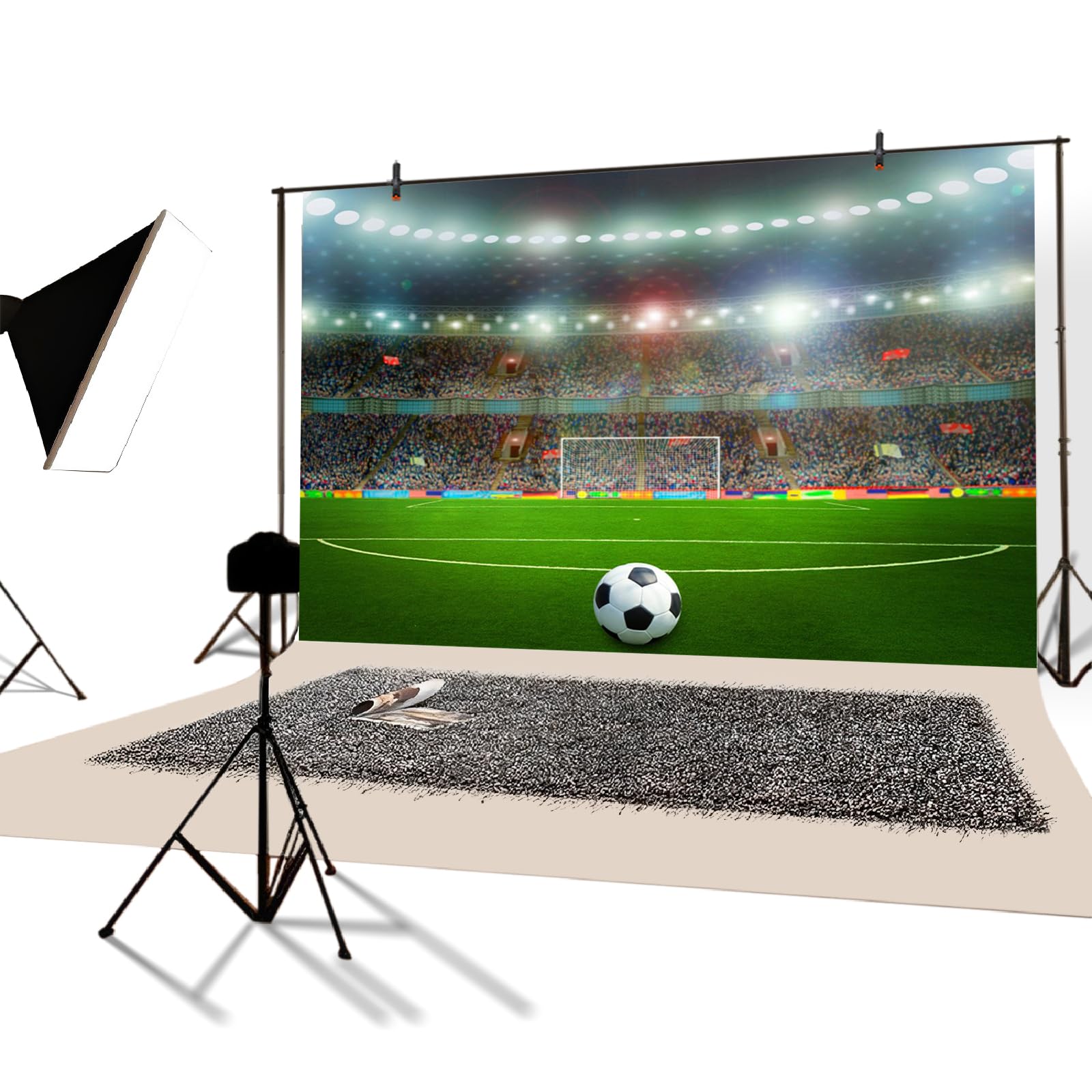 YongFoto 3x2m Vinyl Foto Hintergrund Fußballfeld Sport Bühnenbeleuchtung Innenraum des grünen Grases Fotografie Hintergrund für Fotoshooting Portraitfotos Party Kinder Hochzeit Fotostudio Requisiten