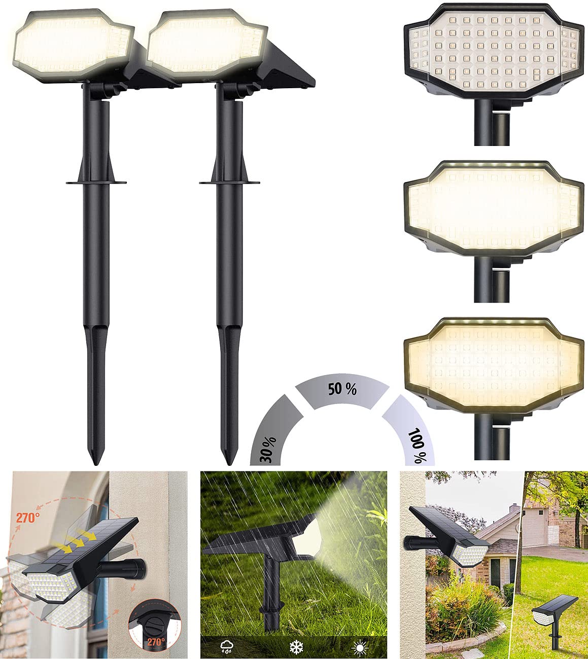 Luminea Set di 2 faretti solari da giardino a LED ad alta potenza, 650 lm, IP65, luce bianca calda (picchetto solare da giardino, illuminazione solare per terrazze, lampada da giardino)