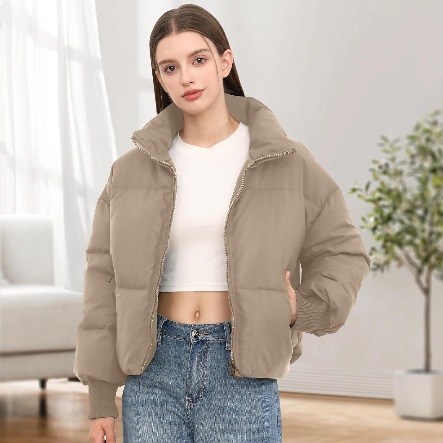 Women’s Winter Cropped Puffer Jacket Coat Casual Quilted Baggy Long Sleeve Zip Down Jackets Outerwear - Image 6