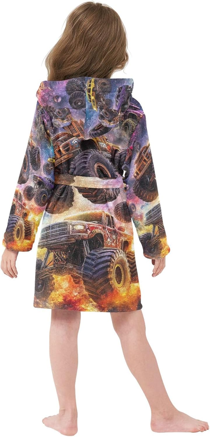 Monster Truck Cars Galaxy Bathrobe Hooded PJ Robe Soft Fleece Robe Pajama Sleepwears 2-12 Years