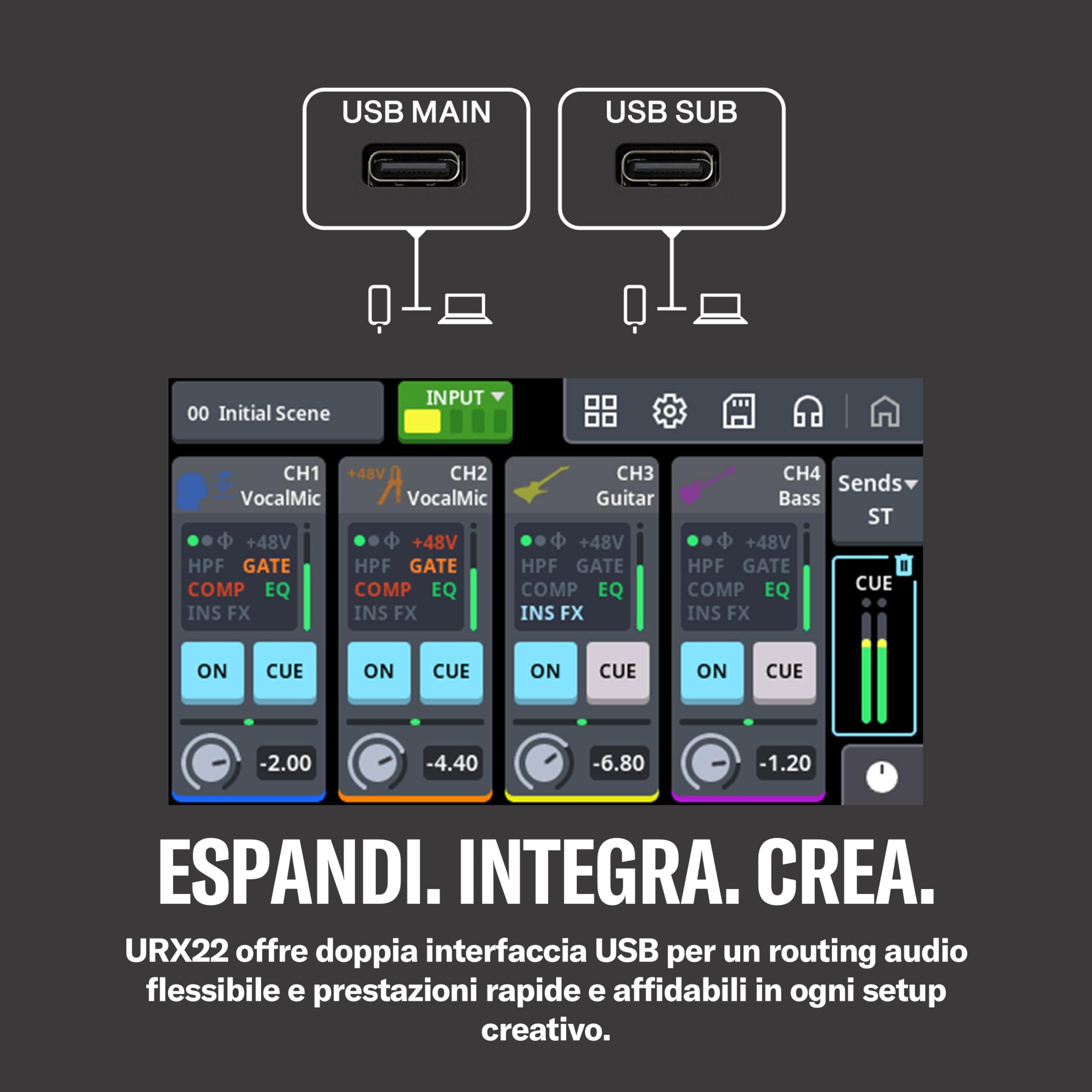YAMAHA URX22 Interfaccia Audio USB-C – Compatta 4 ingressi/2 uscite, audio 32 bit/192 kHz, display LCD touch, DSP ed effetti integrati per creator e musicisti – Nero