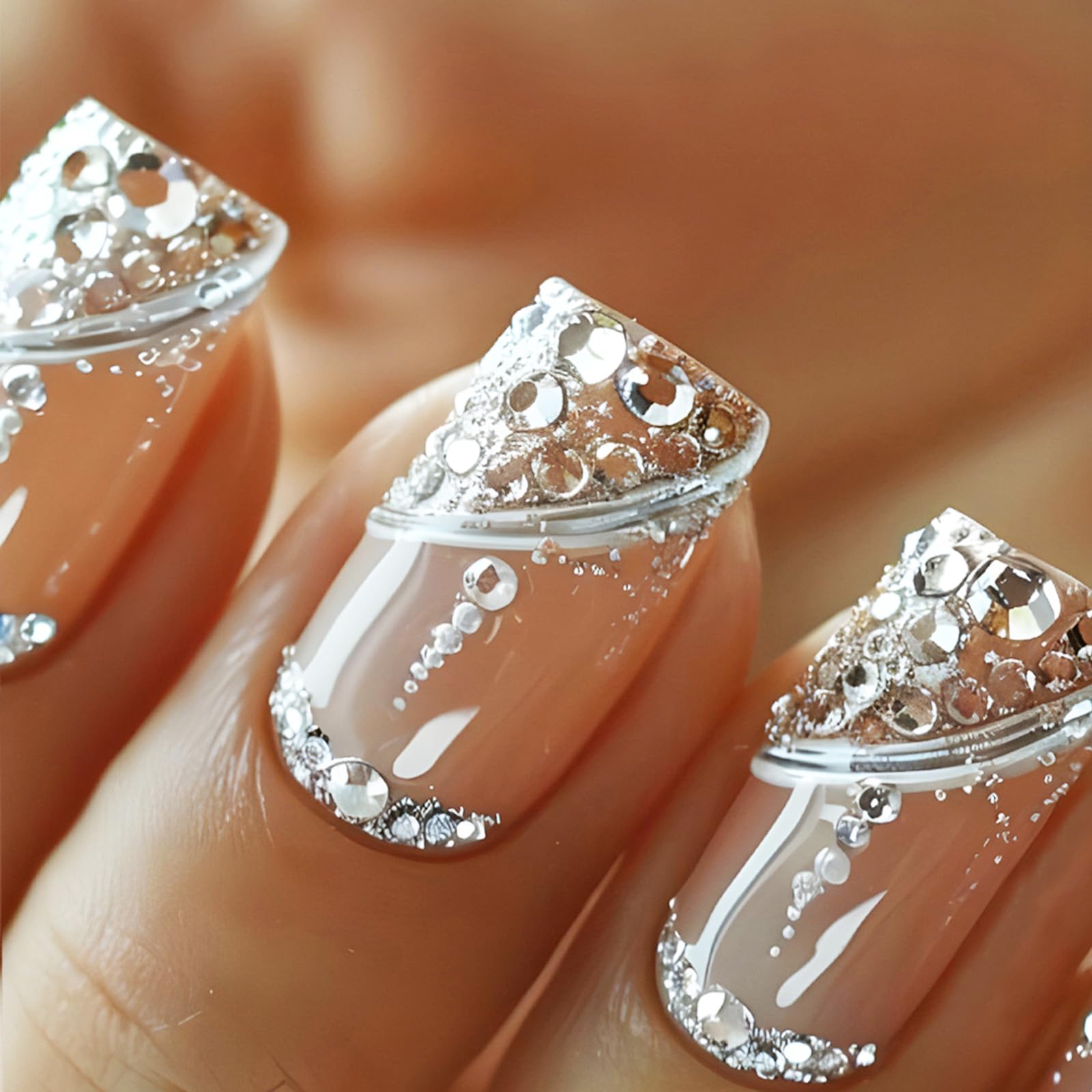 24Pcs White Curve Line Press on Nails Medium Square Acrylic Full Cover False Nails Rhinestones Stick on Nails Glossy Silver Glitter Fake Nails Crystal